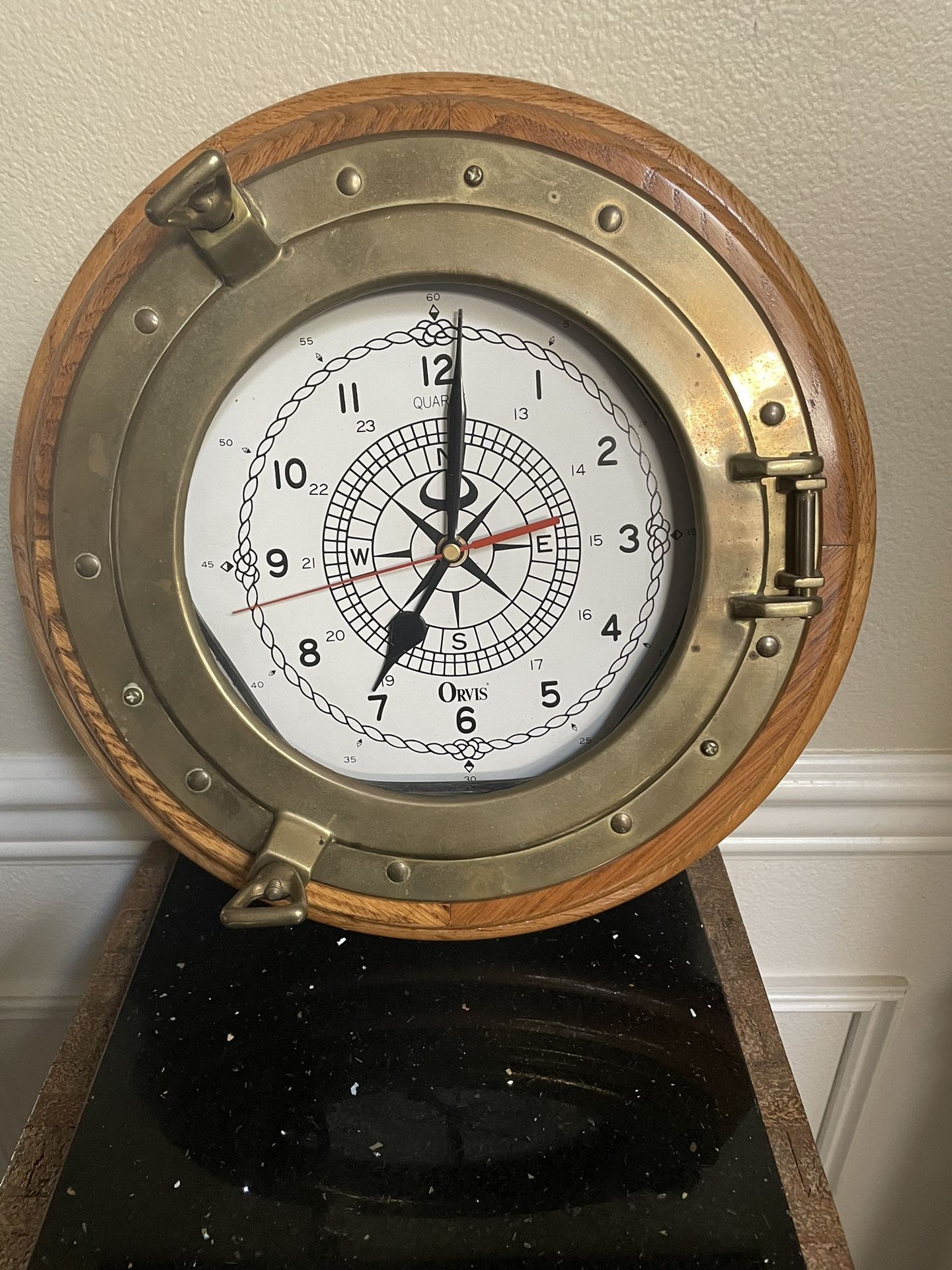 Vintage Orvis Brass & Wood Quartz Nautical Clock 13.75”