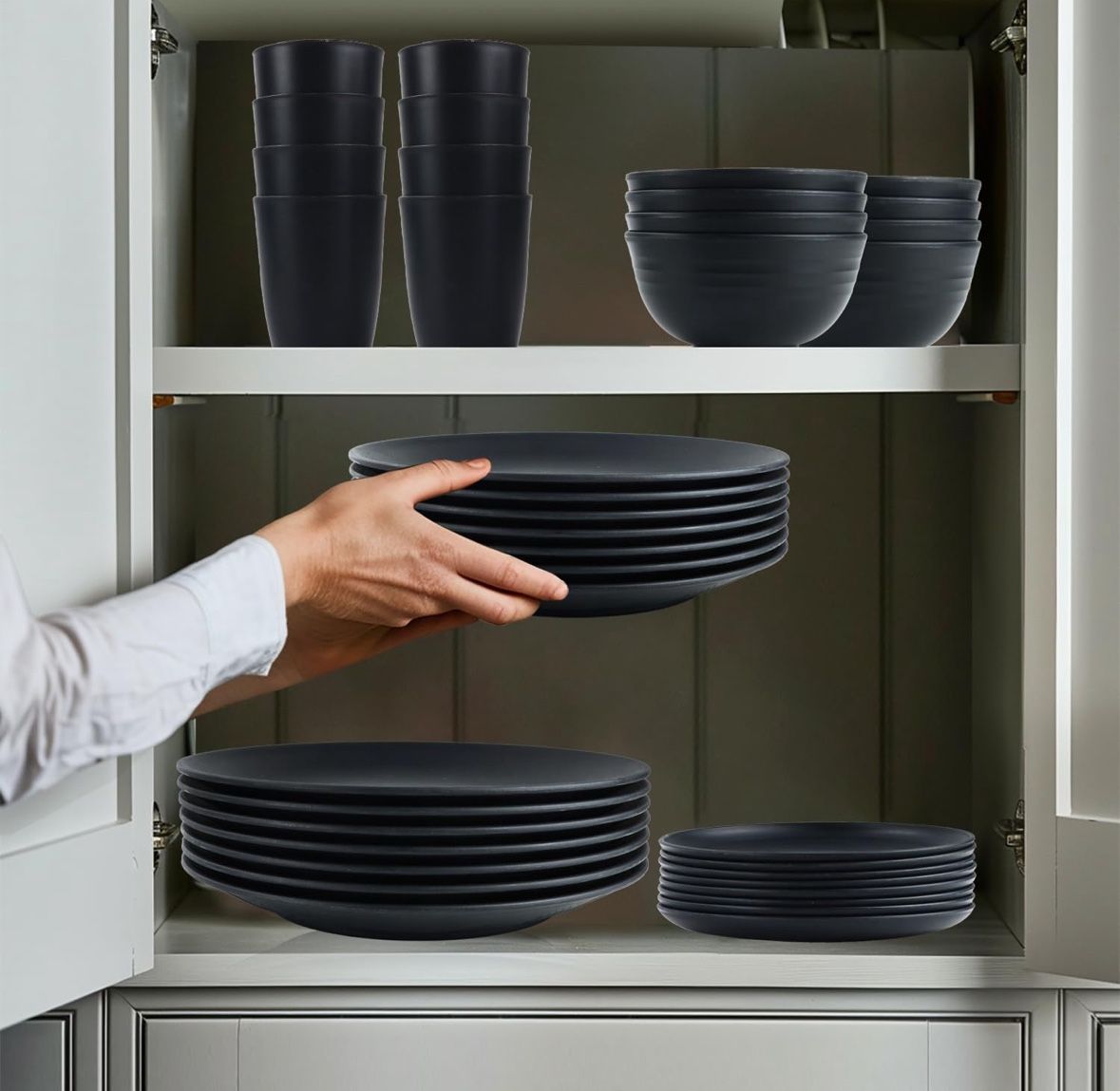 Dinnerware Set of 40 Pieces - 10" & 9" Plates, 6" Snack Plates, 26oz & 12oz Bowls & Cups - Unbreakable, Microwave & Dishwasher Safe - Black