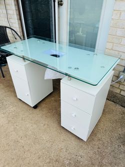 White Manicure Nail Table with Glass Top