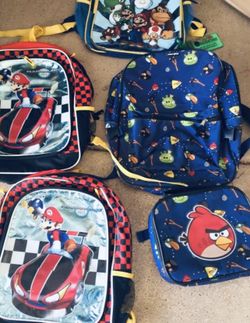 Backpacks, Mario angry birds etc