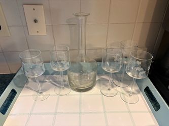 Etched Glass Wine Set with Decanter and Bowl