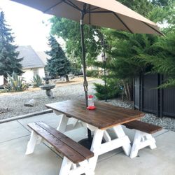 Picnic Tables And Garden Wooden Bridges. 