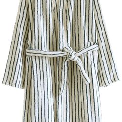 Winter Simple Striped Warm Flannel Breathable Bathrobe Loose Japanese Kimono Robe Nightgown Loungewear, Size M