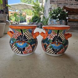 Talavera Orange Rim Clay Pots, Planters,Plants, Pottery $60 cada uno.