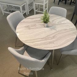 Modern 5-pc Dining Set White Faux Marble Table Top 