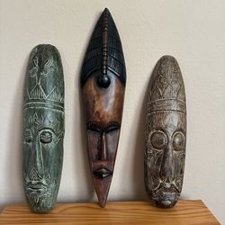 Hand-Carved Wooden Wall Masks – Set of 3 – Ghana & Indonesia