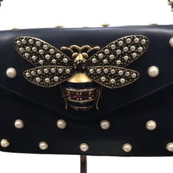 Original Gucci Blue Leather Broadway Pearly Bee Shoulder Bag