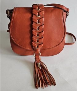 Foley+ Corinna LaTrenza Braided Tassel Saddle Bag Leather Flap Purse Papaya