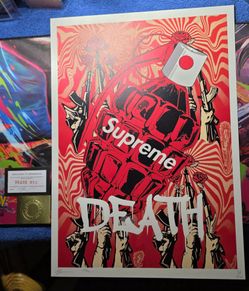 Banksy original print. Featuring a grenade with the Supreme logo.