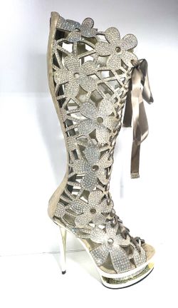 Dressy Gold  High Heel With Rhinestone Fantastic Boot New In Box