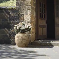 11.8 in. Weathered Gray-Brown Terracotta Finish with Textured Ridges Round Vase, Farmhouse Decor