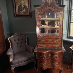 Antique 19th Century French Gilt Brass Walnut Secretary Display Cabinet Vitrine