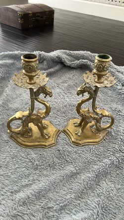 Antique Brass Dragon Figural Candlestick Holders Pair