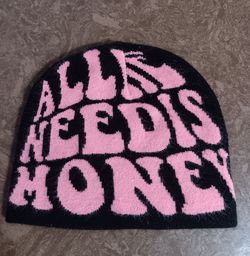 Unisex Black & Pink "All we need is Money" knit beanie Y2K look streetwear