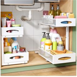 Under Sink Organizer, 2 Pack 2 Tier Pull out Cabinet Organizer Baskets with Mesh Sliding Drawers, Slide out Sink Storage Shelves for Kitchen, Bathroom