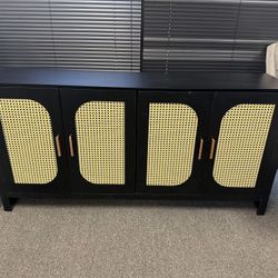 Large Storage Space Sideboard with 4 Rattan Doors, TV Cabinet Entertainment Center with Adjustable Shelves（damage）