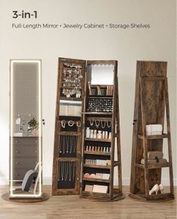 LED Mirror Jewelry Cabinet Standing, Adjustable Lights, Lockable Jewelry Armoire with Full-Length Mirror, Mirror with Jewelry Storage, Gift Idea, Rust