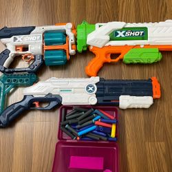 3PC Lot Zuru X-shot Dart Blasters With 30+ Bullets & Box Like New & Watergun Good Condition 