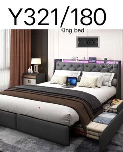 Y321🔥King Size Platform Bed Frame with 4 Storage Drawers and LED Headboard, Upholstered King Metal Bed with Charging Station, No Box Spring Needed, E