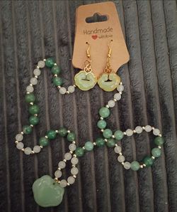 Handmade Authentic Green Jade & Clear Quartz necklace & earring set