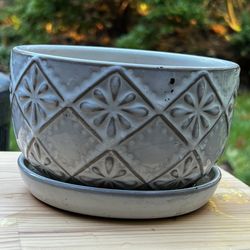 White Floral Ceramic Planter Flower Pot Indoor Outdoor With Drainage Hole