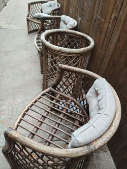 Vintage Rattan & Bamboo Patio Set - Pair of Barrel Chairs + Table
