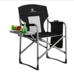 Alpha Camper Oversized Director Chair Portable Folding Camping Chair Heavy-Duty Steel Frame Tailgating Chair with Side Table & Pocket, Gray&Black