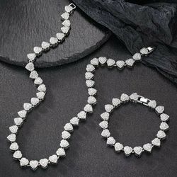 2-Pcs Iced Out Paved 14K White Gold Plated Cubic Zirconia Heart Shaped Tennis Necklace & Bracelet Set