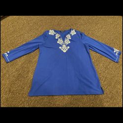 NWOT Jones of NY Signature Tunic Top, Blue W/White Embroidery, Large Blouse Long Sleeve