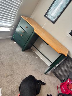 Green Painted Wood Desk with Drawers