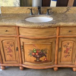 Antique Bathroom Vanity With Granite Top, Sink And Faucet. 