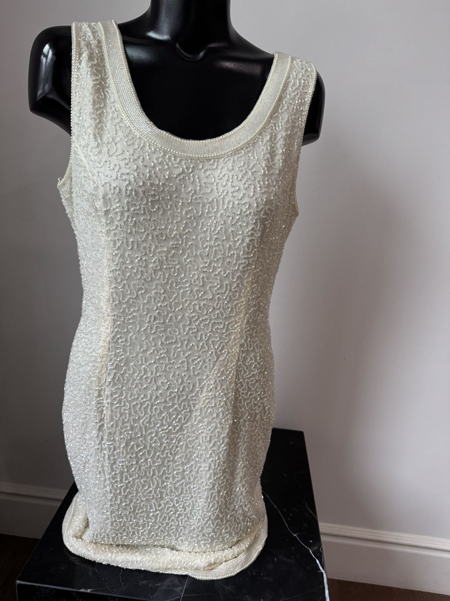 Vintage Sleeveless White Sequins Women Dress Size Large