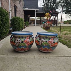 Talavera Turquoise Rim Clay Pots, Planters,Plants, Pottery $60 cada uno.