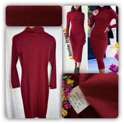 Wine Red Cotton Blend Midi Long-sleeve High Neck Bodycon Dress W/Fleece Lining M