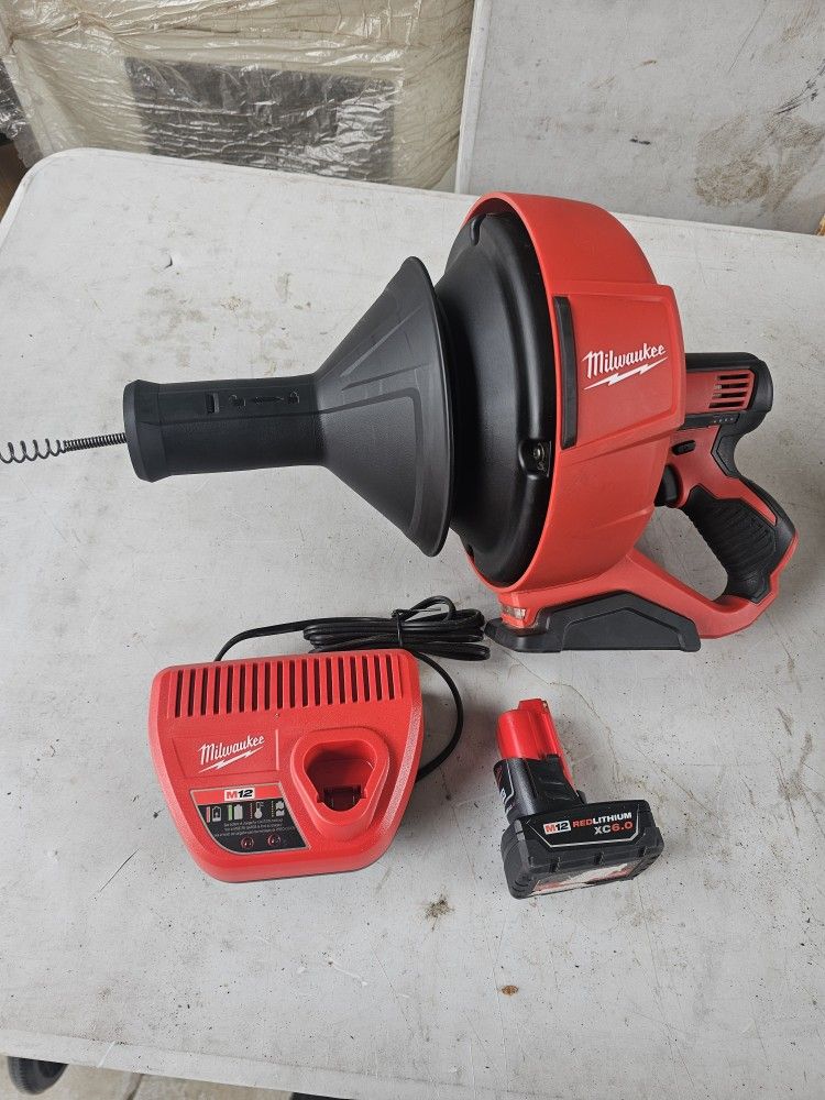 M12 12-V Drain Snake Auger 6 Ah Battery, 5/16 in. x 30 ft. Cable, Charger. Battery alone is $140 at home dep. New 30 ft cable original comes with 25