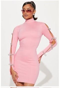 Pink Turtleneck Mini Dress with Bow Details