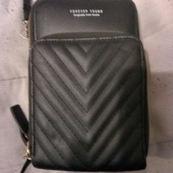 Forever Young Brand Black Quilted Mini Crossbody Cell Phone Purse Wallet. With Credit Card Slots.