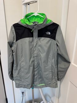 The North Face Boys Rain Jacket Size L 14/16 Gray Black Green Hooded Windbreaker