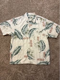 Tommy Bahama 100% Silk Tropical Leaf Print Button Down Shirt Size Medium Beige