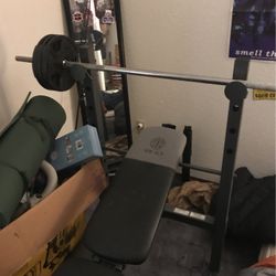 Nice Gloss Gym Weight Set And Bench A Couple Of Dumbbells And A Bar For Bench Pressing About 175 Lbs In Cast Iron Weight And All Matching 