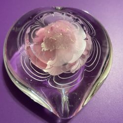 Vintage Heart Shaped Clear Glass Paperweight Encasing a Pink Rose