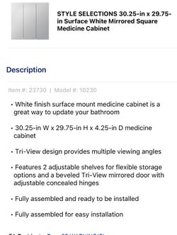 Style Selections 30.25-in x 29.75-in Square Surface Mirrored Medicine Cabinet Style Selections 30.25-in x 29.75-in Square Surface Mirrored Medicine Cabinet
