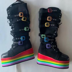 Fashion High Gothic Platform Buckles ZipperUp Laces Rainbow 
Colorful Motorcycle Boots