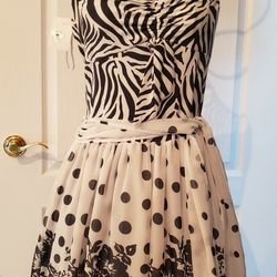 FAUST (Paris) Blue & White Strapless Dress (lined) with bow tie waist – Sz LARGE