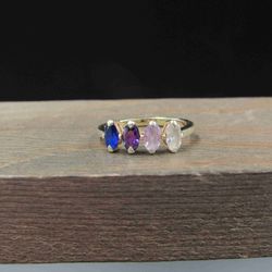 Size 4.25 Gold Over Sterling Silver Colorful Marquise Glass Gem Band Ring