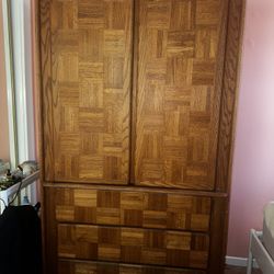 Vintage Parquet Wood Armoire / Dresser – Mid-Century Block Front