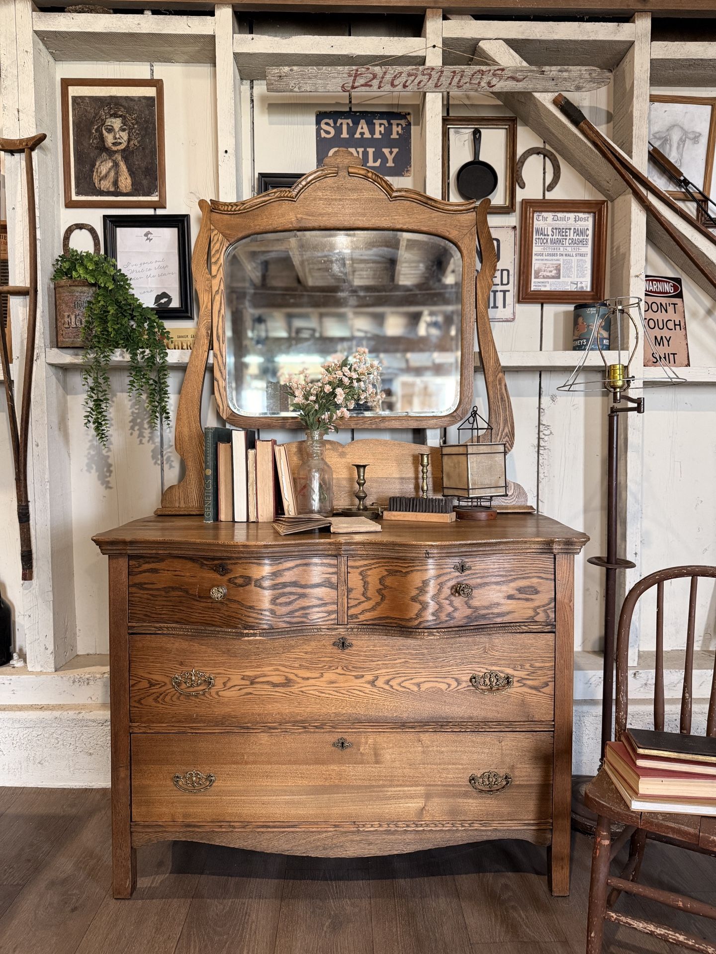 Antique 1900s Tiger Oak Dresser W/ Swivel & Tilt Carved Beveled Mirror Restored