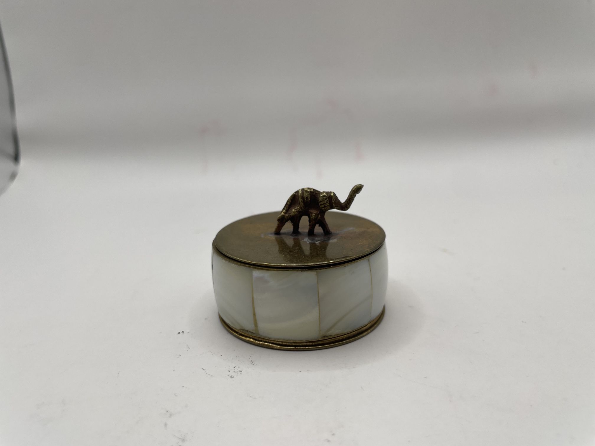 Mini Brass & Mother of Pearl Pill Box, Elephant Lid, Trinket Box