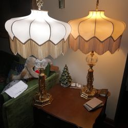 Vintage Victorian Brass Table Lamps W Silk Beaded Fringe