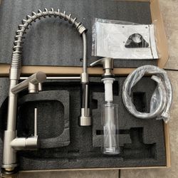 “Brand new” stainless steel kitchen faucet two heads faucet sink include hot/cold hoses& Soap Dispenser brush Nickel 